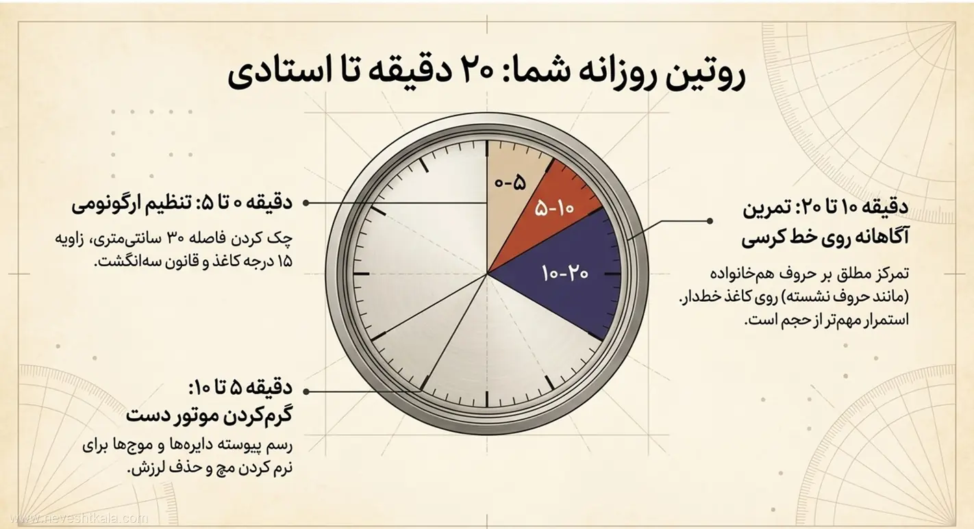 برنامه تمرین روزانه ۲۰ دقیقه‌ای خوش‌نویسی برای پیشرفت مستمر