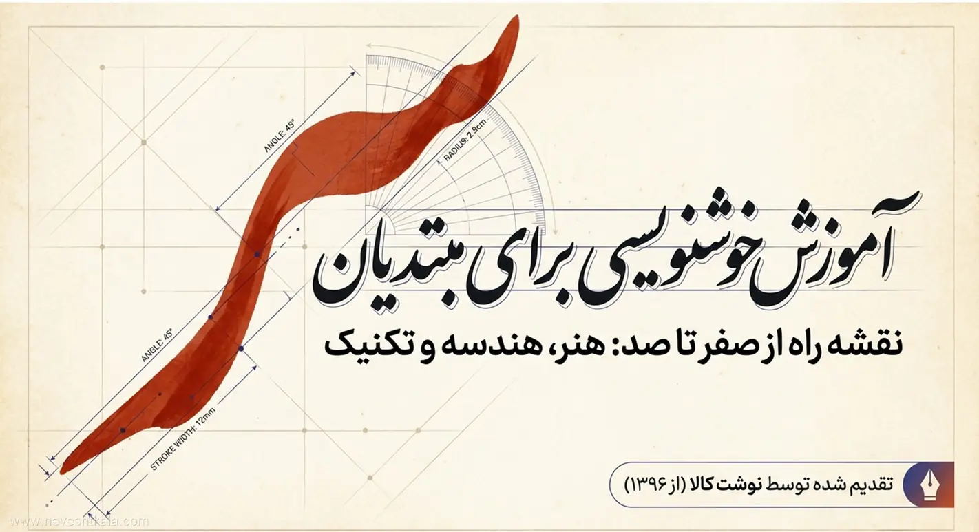 تصویر عنوان آموزش خوشنویسی برای مبتدیان به همراه نمودار هندسی سنجش زاویه و ضخامت حرکت قلم خطاطی.