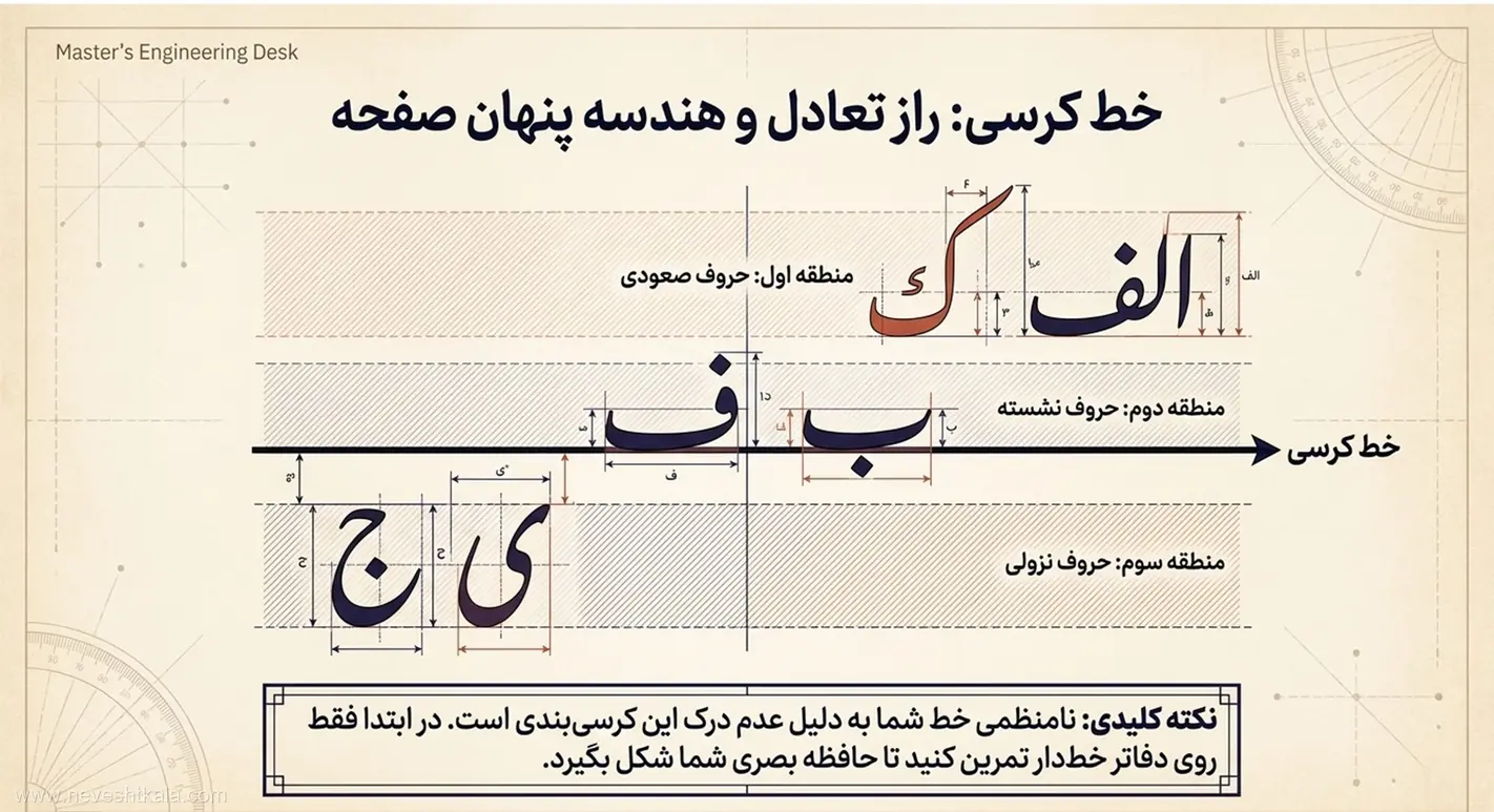 دیاگرام خط کرسی و مناطق نشستن، صعودی و نزولی حروف فارسی
