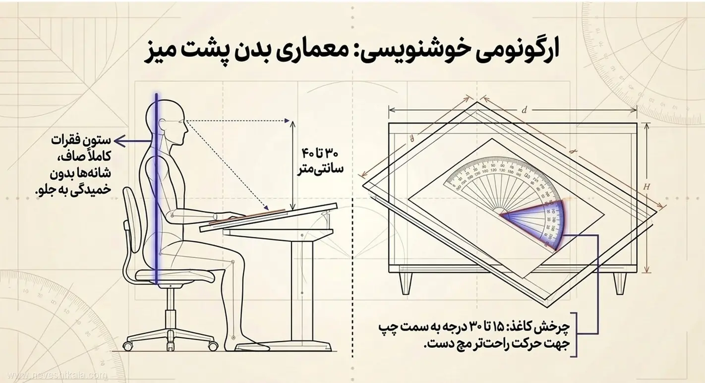 راهنمای وضعیت صحیح نشستن و زاویه قرارگیری کاغذ هنگام خوش‌نویسی