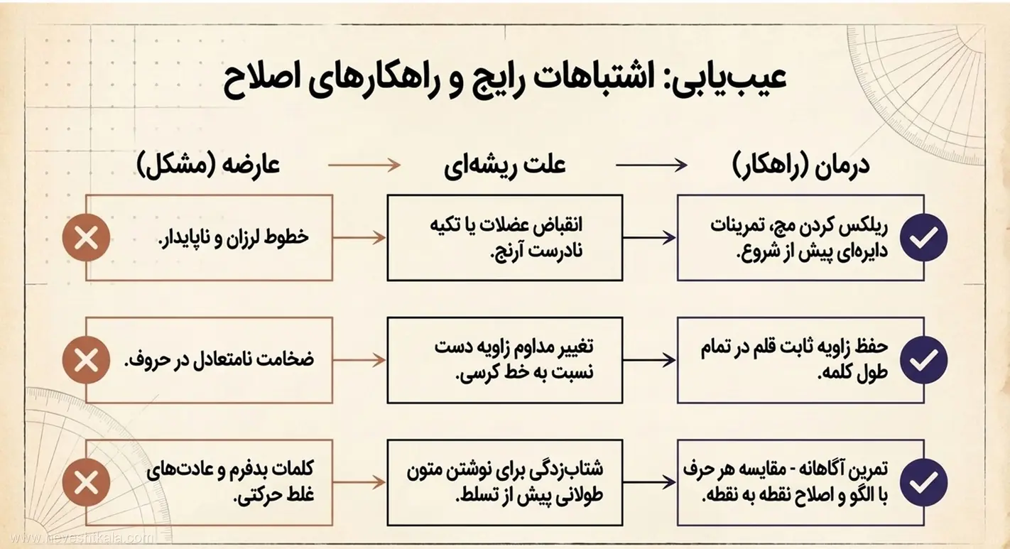 چارت اشتباهات رایج و راه‌حل آن‌ها در آموزش خوش‌نویسی مبتدیان