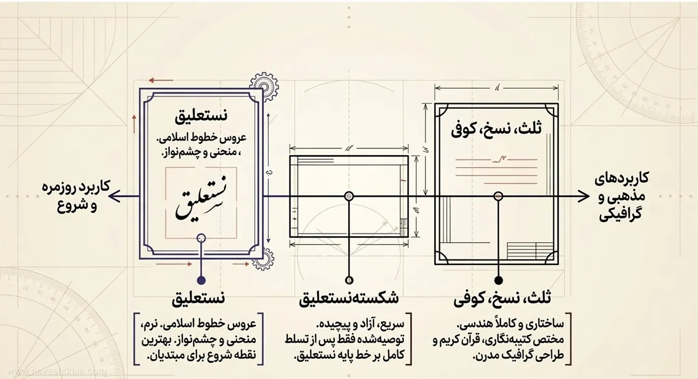 نمونه خطوط اسلامی نستعلیق، شکسته، ثلث، نسخ و کوفی در کنار هم