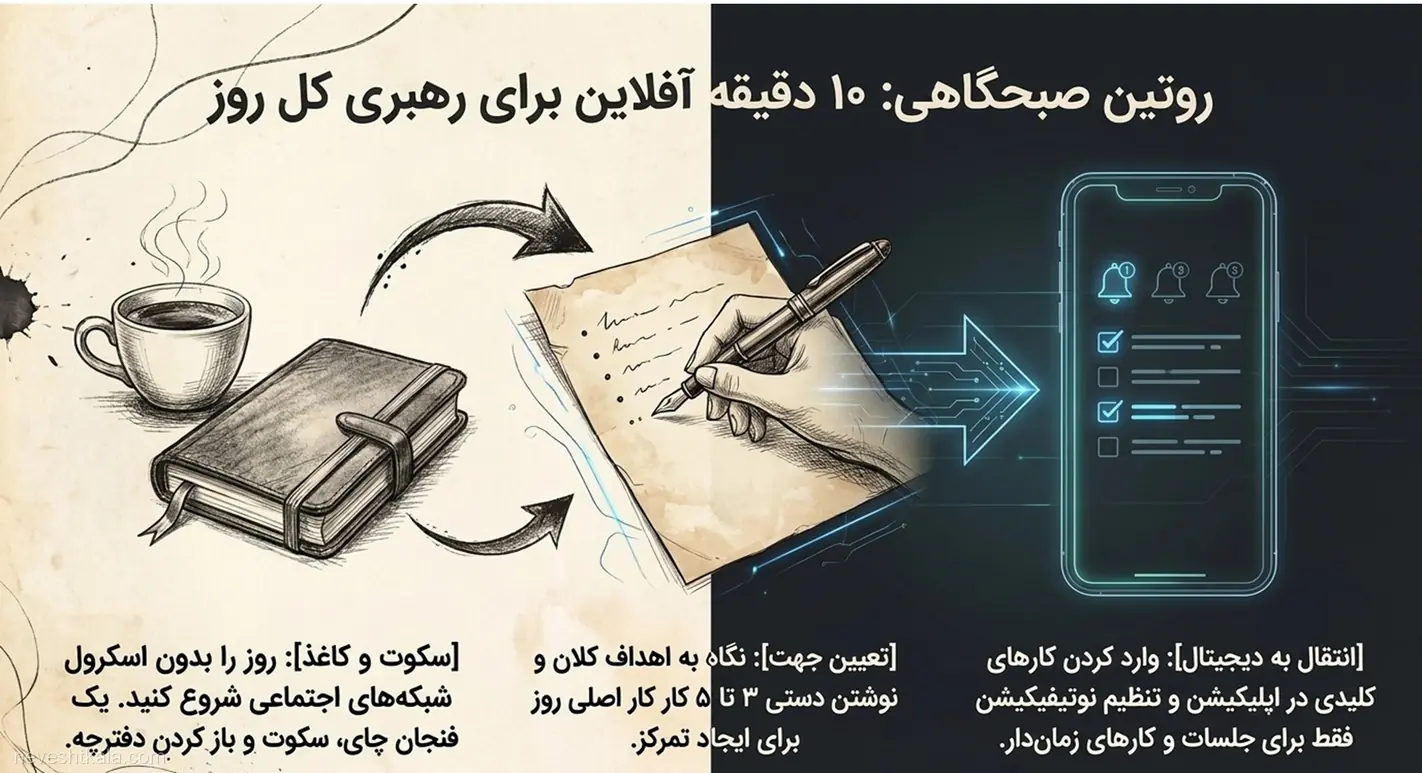 تصویر روتین صبحگاهی شامل فنجان قهوه، دفترچه یادداشت، قلم و انتقال تسک‌ها به اپلیکیشن گوشی.