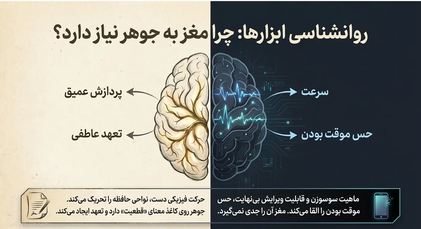 تصویر مقایسه‌ای نیمکره‌های مغز بین نوشتن با جوهر روی کاغذ و کار با مدارهای دیجیتال.