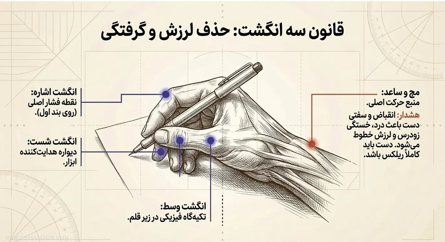 تکنیک صحیح گرفتن قلم با سه انگشت در خوش‌نویسی