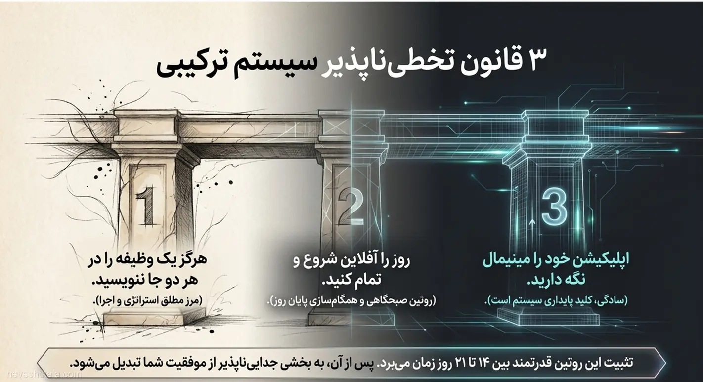 تصویر سه ستون معماری که نشان‌دهنده قوانین سه گانه و تخطی‌ناپذیر سیستم مدیریت زمان ترکیبی است.