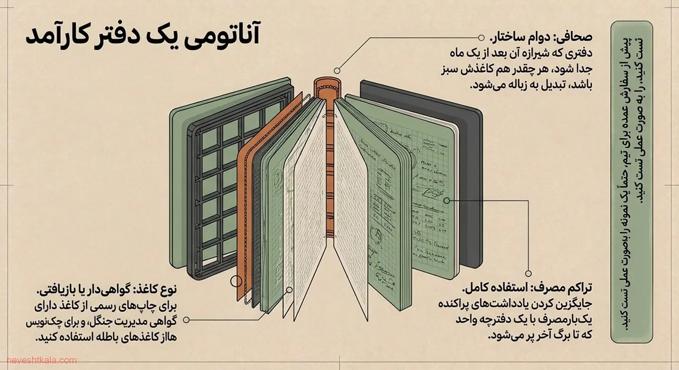 ساختار یک دفتر اداری پایدار و بادوام شامل کاغذ، صحافی و جلد