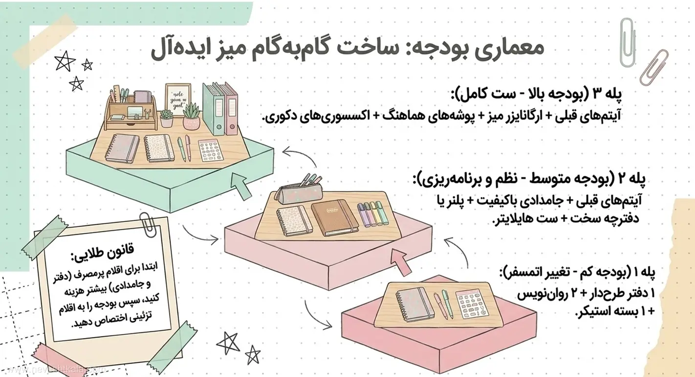تصویر معماری بودجه و مراحل گامبهگام ساخت میز کار ایدهآل با لوازم تحریر فانتزی.