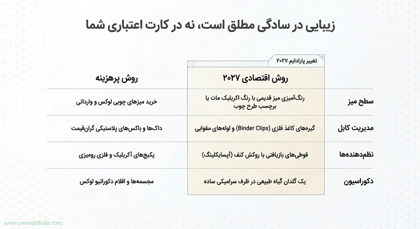 جدول مقایسه چیدمان اقتصادی و پرهزینه میز کار