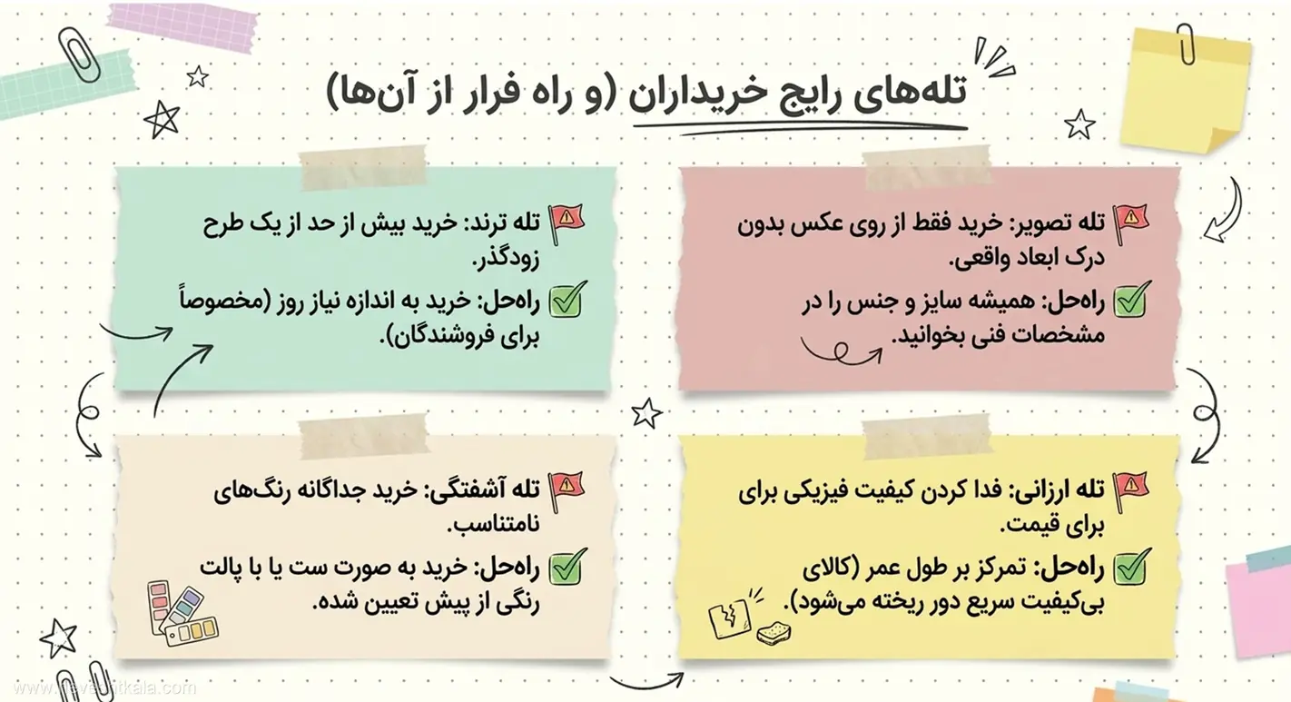 تصویر تلههای رایج خریداران لوازم تحریر و راهکارهای فرار از خرید ناآگاهانه.