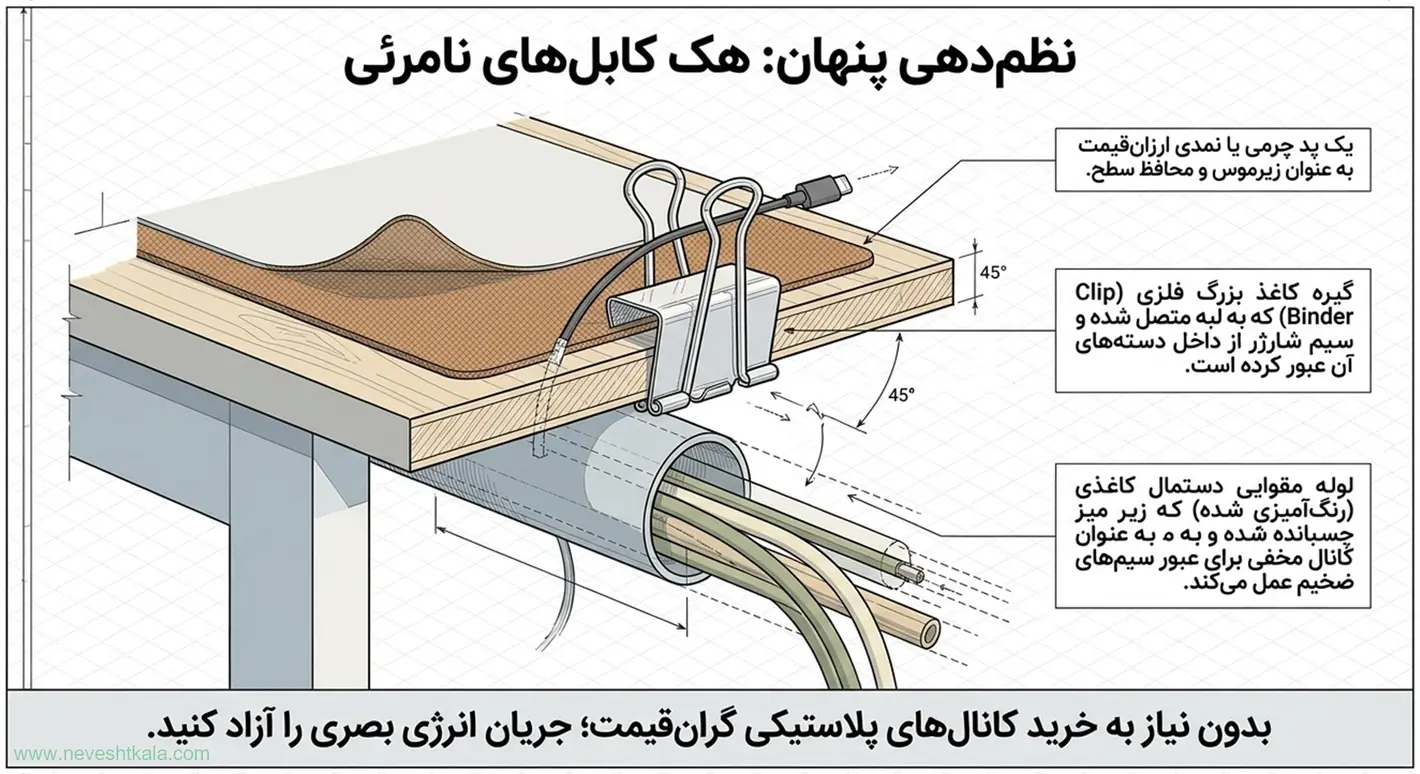 مقطع سه‌بعدی مدیریت کابل با گیره کاغذ و لوله مقوایی