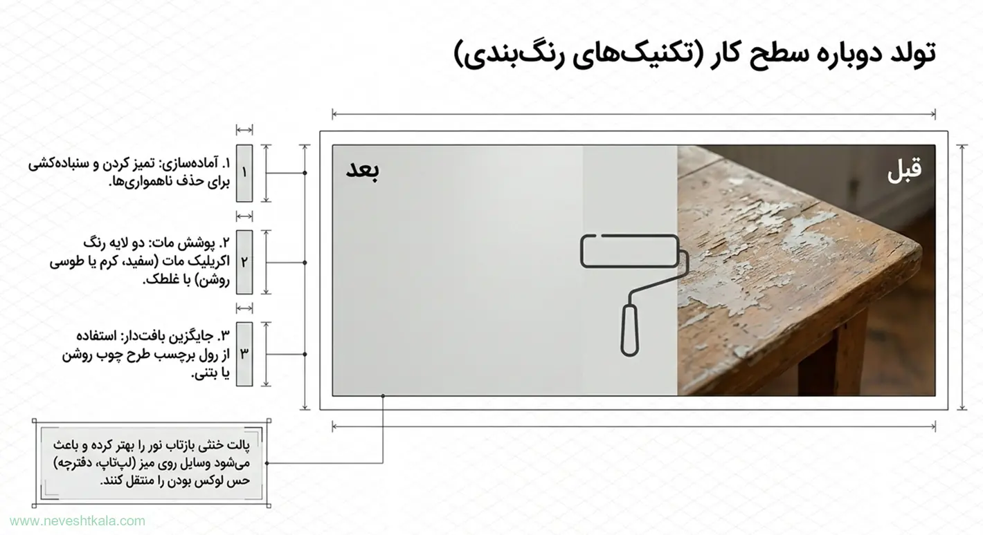مراحل بازسازی و رنگ‌آمیزی سطح میز کار قدیمی