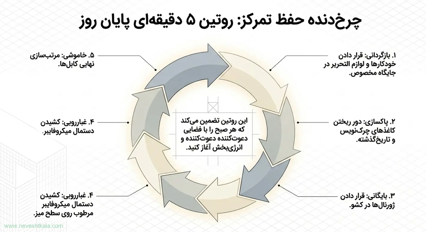 چرخه پنج‌مرحله‌ای روتین پایان روز برای نظم میز کار