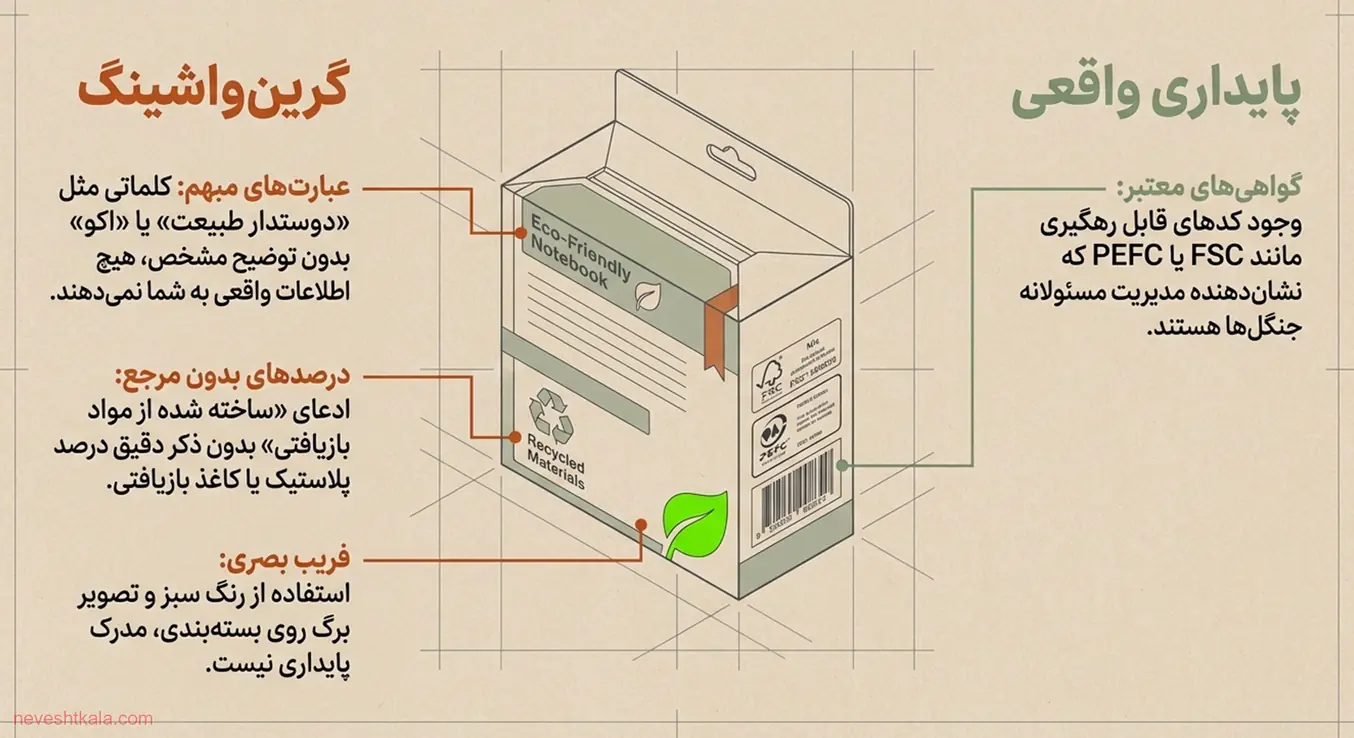 مقایسه گرین‌واشینگ با گواهی‌های زیست‌محیطی واقعی در محصولات اداری