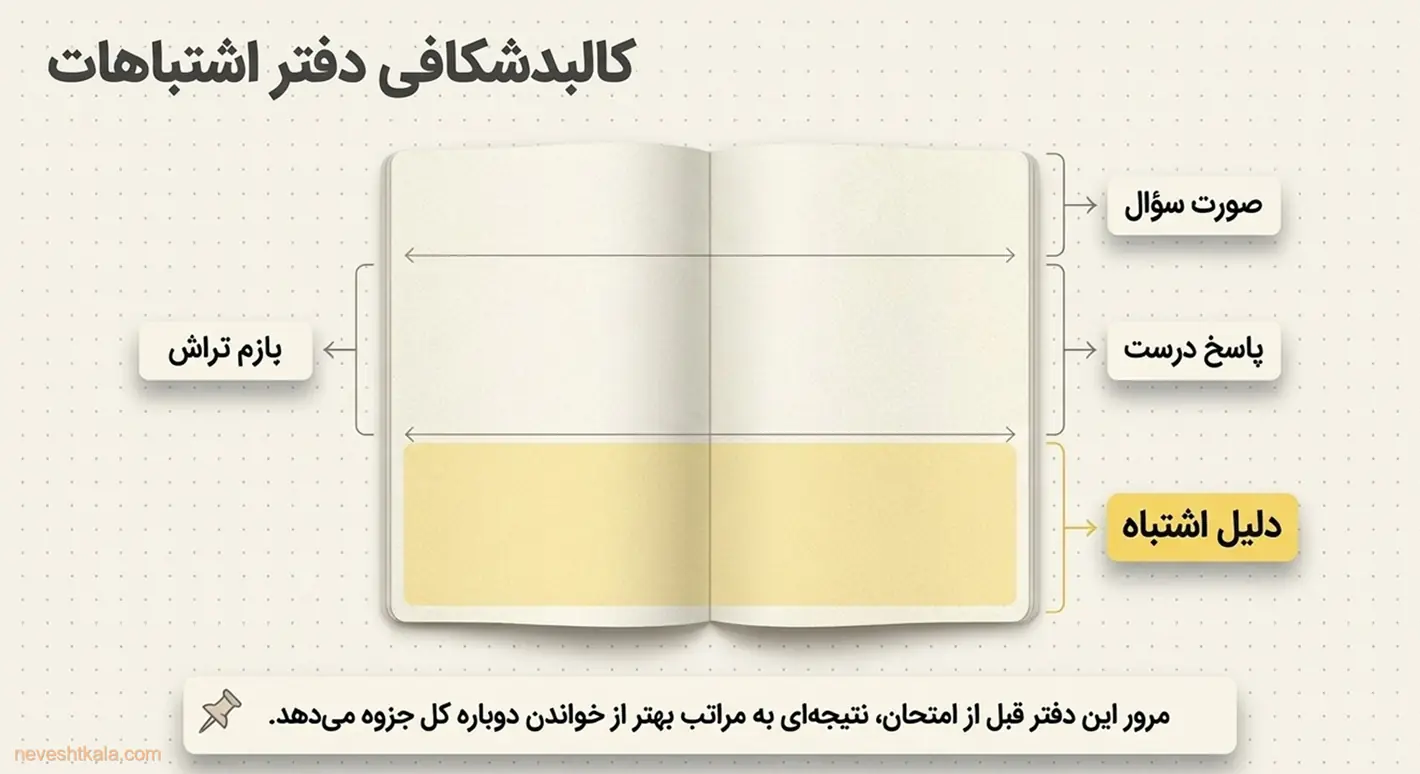 نمونه‌ی چیدمان صفحه‌ی دفتر اشتباهات با ستون سؤال، پاسخ درست و دلیل خطا