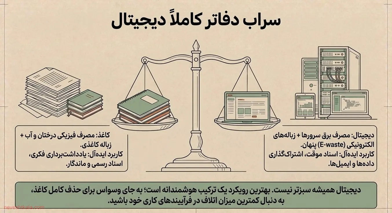 توازن زیست‌محیطی کاغذ و ابزار دیجیتال در محیط اداری