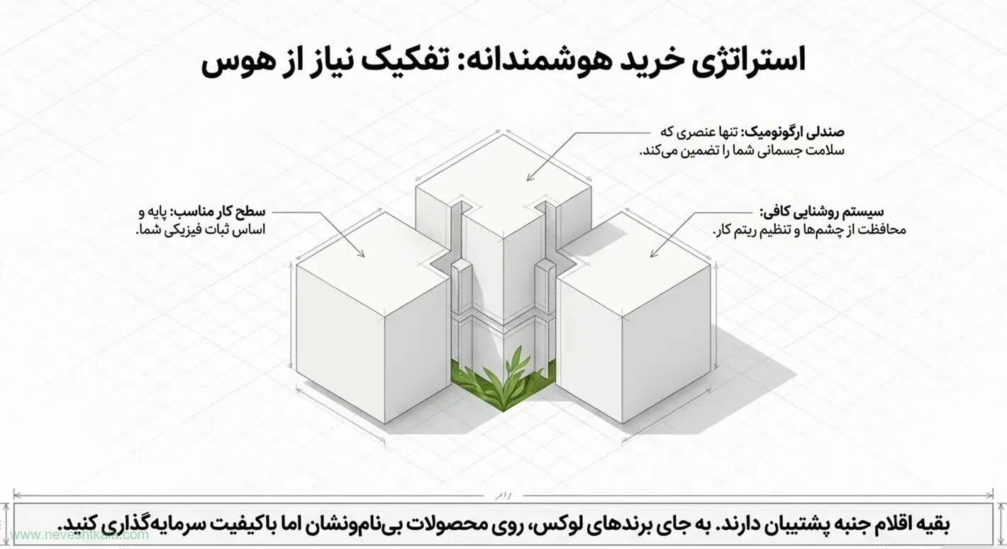 دیاگرام سه‌بعدی اولویت خرید میز کار با صندلی ارگونومیک و روشنایی