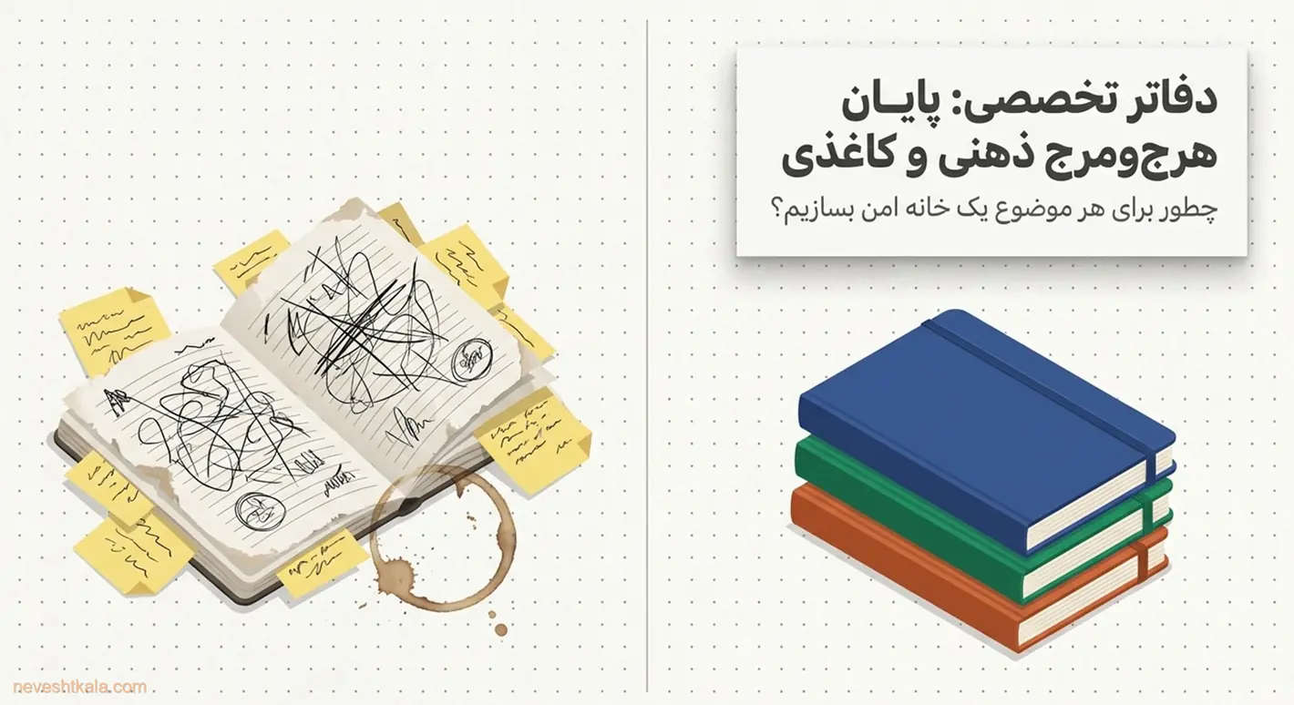 دفتر شلوغ و قهوه‌ای‌شده در کنار دفترهای تخصصی منظم و رنگارنگ.