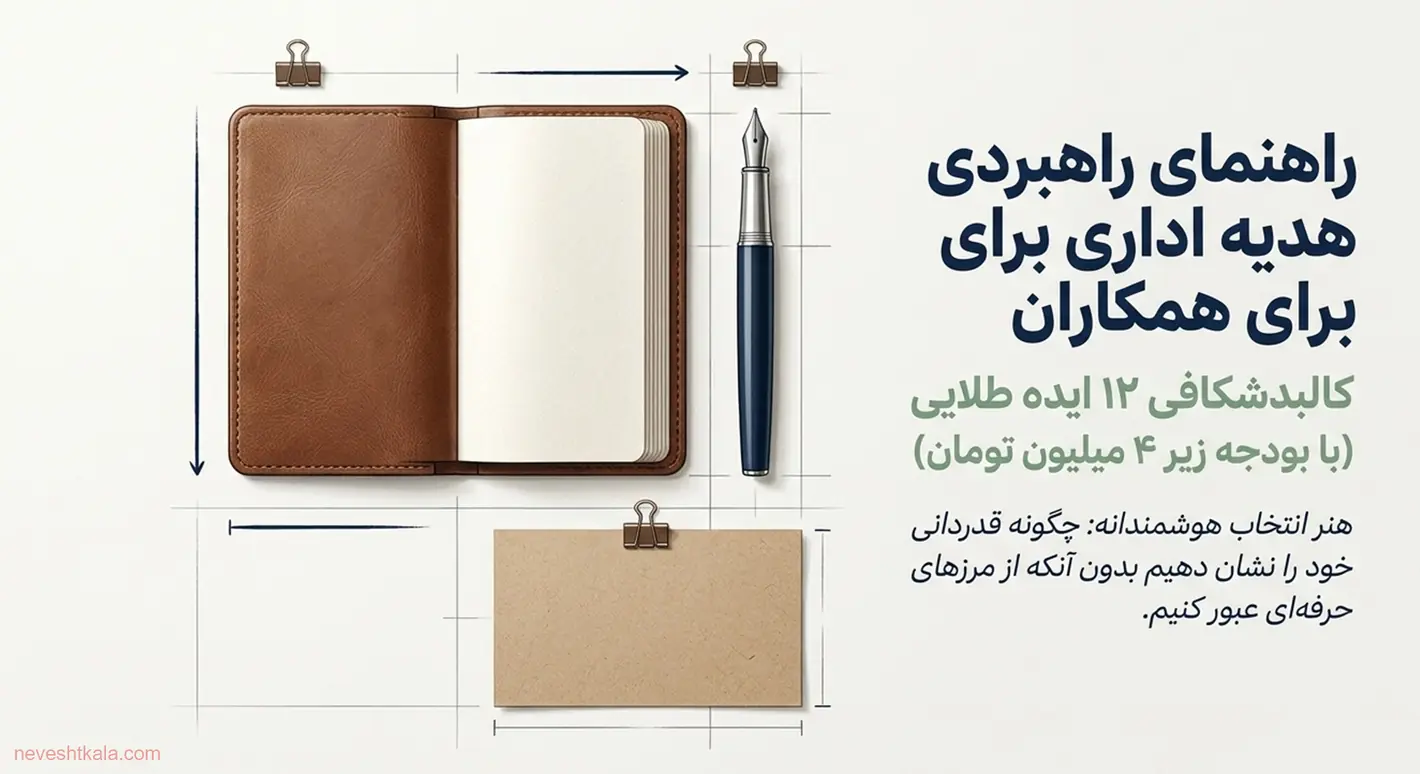 دفترچه چرمی و قلم روی زمینه‌ای شبیه طرح فنی، روی جلد راهنمای انتخاب هدیه اداری برای همکاران.